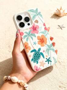 A Macaron Tropical Element Phone Case With Turtle Palm Flower Pattern Print Design, High-Quality And Gentle Summer Style Anti Fall, Dustproof And Waterproof Protective Cover Design, Suitable For IPhone 13/16/17/15/14/13/12/11 - Beige - View 3