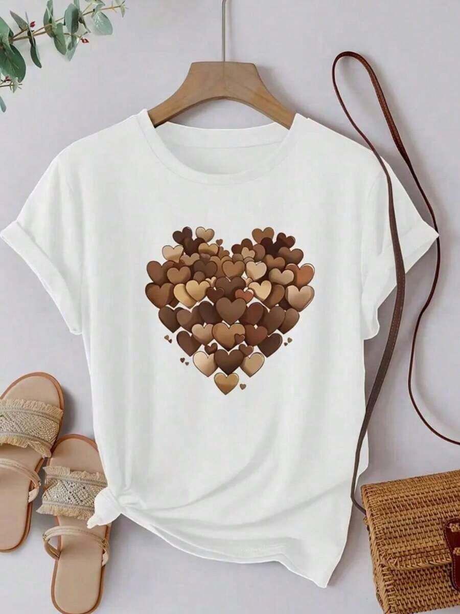 Women's Premium Knit T-Shirt With Heart Detail And Round Neck, 100% Cotton, Comfortable, Women's Fashion - trắng - Xem 1