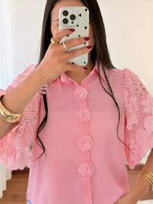 Solstice Apparel 刺绣花卉镂空领衬衫，粉色女士夏季衬衫，适合休闲、通勤、早午餐、花园穿着 - 粉色 - 查看 3