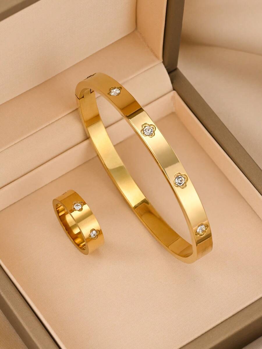 2pcs/1set Stainless Steel Fashion Bracelet & Ring Jewelry Set, Luxury Chic Accessories Suitable For Gifts, Daily Wear, Casual, Wedding, Party, Music Festival, Gathering - Gold - View 1