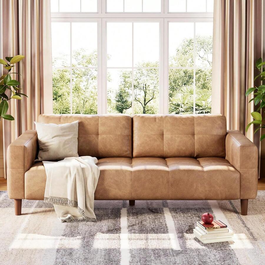 Dragonpad 83 Inch Wide Sofa Couch, 3-Seater Faux Leather Sofa Couch With Spring Cushion, Modern Sofa With Deep Seats And 2 Removable Back Cushions, For Living Room, Bedroom, Apartment, Office - trái cam - Xem 1