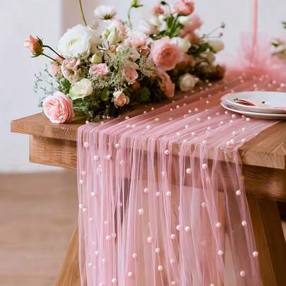 Peach Pink Bohemian Table Runner With Pearls, Bridal Shower Gift/Baby Shower/Wedding Dessert Table Decoration