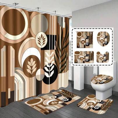[Popular Choice] 1pc/4pcs Bathroom Shower Curtain Set, Geometric Pattern Bathroom Decor, Bathroom Mat, Bathroom Rug, Home Decoration, Gift, Includes 12 Hooks