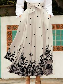 Summer Leisure And Holiday Polka-Dot Butterfly Print Waist Tie Knot Left And Right Pockets Long Skirt With Split Bottom. - Apricot - View 1