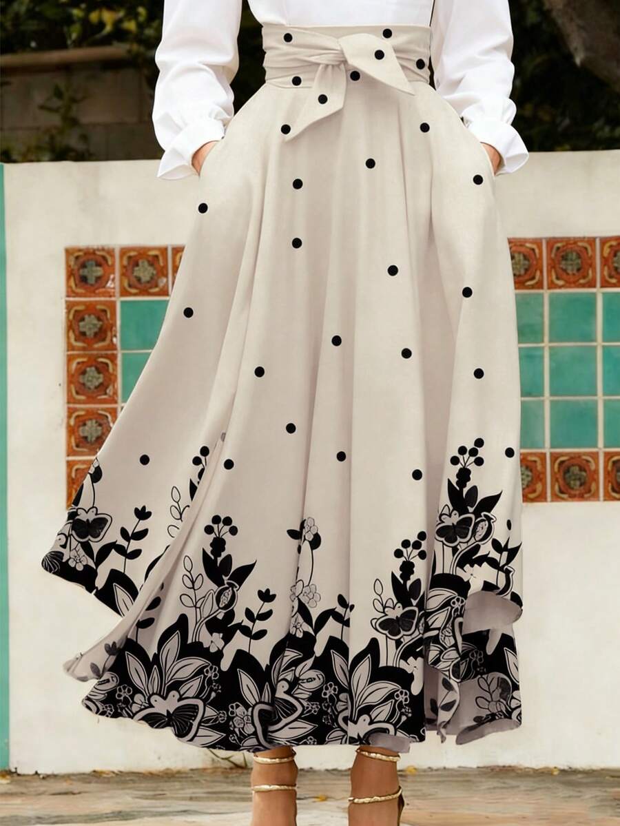 Summer Leisure And Holiday Polka-Dot Butterfly Print Waist Tie Knot Left And Right Pockets Long Skirt With Split Bottom. - Apricot - View 1