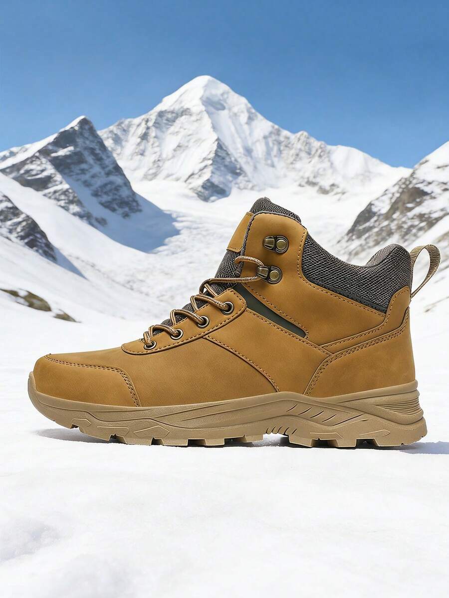 男士徒步靴，秋冬季户外运动鞋，保暖高帮男士雪地靴，登山靴，户外徒步露营探险靴，防滑耐穿，黄色系带男靴，大码男鞋 39-48