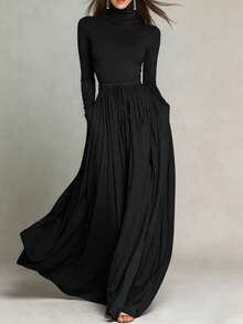 女士纯色高领长袖连衣裙，系腰带，飘逸显瘦复古风，百搭办公连衣裙 - 黑色 - 查看 2