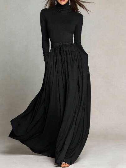 Women's Solid Color Turtleneck Long Sleeve Dress, Belted Waist Flowing Slimming Vintage Style Versatile Office Dress