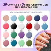 ROSALIND Mini 24Pcs Gel Nail Polish Set 20 Colors Gel Polish With Base Coat No Wipe Top Coat Matt And Glitter Top Coat Purple Red Blue Green Nail Polish Gift Set Each Bottle 5ml Beginner-Friendly