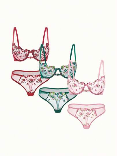 Bonmuse 3 Sets Of 6pcs Women's Sexy Lingerie Set, Colors: Black/Red, Black/Blue, Burgundy, Comfortable Daily Wear And Sexy Bras & Panties, Great For Christmas, Halloween Party Gifts