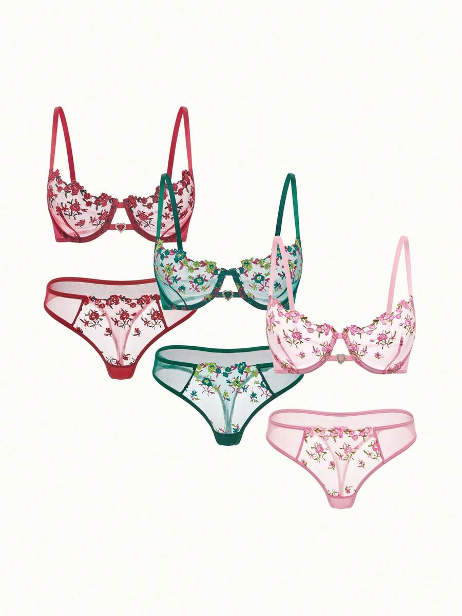 Bonmuse Conjunto de 3 peças de lingerie feminina sexy com 6 peças cada, nas cores: preto/vermelho, preto/azul e bordô. Confortável para uso diário, com sutiãs e calcinhas sensuais. Ótima opção para presentes de Natal e festas de Halloween. - Multicolorido - Ver 1