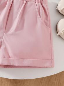 2件套 女童吊带泡泡袖爱心图案上衣 + 卡通印花短裤，春夏款 - 白色 - 查看 6