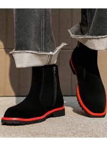 Men's High-Top Leather Pigskin Chelsea Boots, Suede Minimalist Motorcycle Boots, Black - Black - View 3