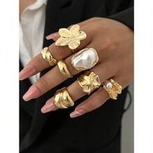 14/12/3pcs Set Asymmetrical Shaped Faux Pearl Flower, Geometric, Liquid, Round, Hollow, Multilayer Metal Textured Rings, Oversized, Chunky, Fashionable, Elegant, Vintage, Suitable For Holiday, Party, Date, Gift, Daily Wear - 黃金 - 查看 7