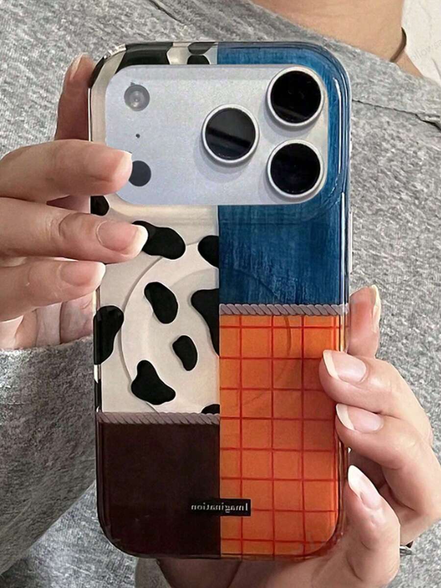 奢华可爱奶牛纹格子拼接磁吸手机壳，兼容 17 Pro Max、17 Pro、16、13、14、15、11、12 Pro Max、16、15、14 Plus、13 Pro、17 Air，时尚艺术格子无线充电软壳保护套 - 拼接 - 查看 1