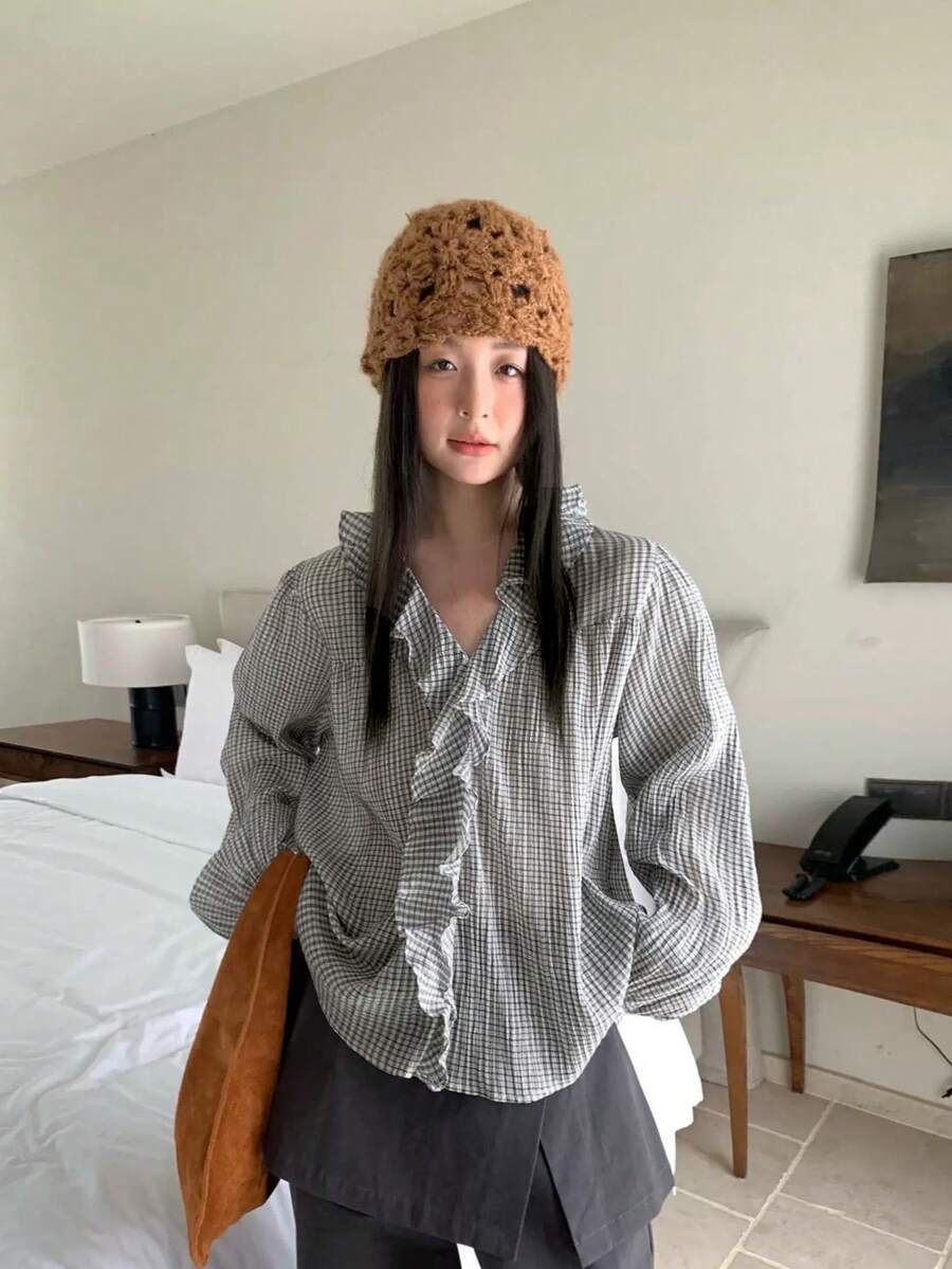 V领长袖格子荷叶边衬衫 - 白格 - 查看 1