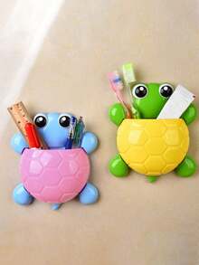 Adorable Turtle Wall Organizer With Strong Suction Cups Cute Cartoon Toothbrush Holder & Bathroom Storage Rack For Multi-Use PP Container For Toothpaste, Pens, Makeup Brushes Space-Saving Travel Organizer, Decor Storage,Cute Animal Shaped Blue Turtle Toothbrush Holder Wall Mounted Bathroom Toothpaste Storage Rack, Bathroom Accessories, Room Decor - Multicolor - View 5