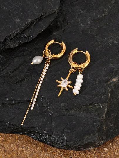 Opalesca 2pcs Non-Symmetric Faux Pearl & Zirconia Octagonal Star Chain Stainless Steel Unique Creative Earrings For Women, European & American Style