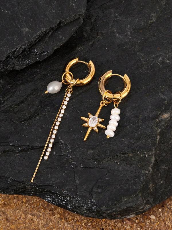 Opalesca 2pcs Non-Symmetric Faux Pearl & Zirconia Octagonal Star Chain Stainless Steel Unique Creative Earrings For Women, European & American Style