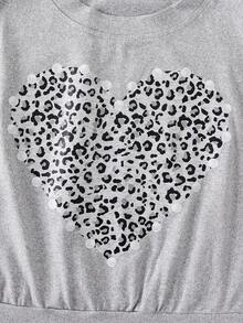 13-16岁少女豹纹爱心印花两件套，无袖豹纹爱心图案上衣和豹纹迷你裙套装 - 灰色 - 查看 5