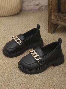 1双儿童金属扣装饰PU舒适轻便圆头套脚平底乐福鞋，适合日常穿着和户外活动，四季皆宜。 - 黑色 - 查看 2