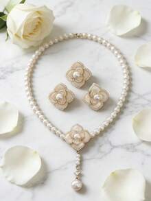 3件套法式复古微镶珍珠山茶花项链，优雅轻盈奢华，女孩饰品 - 三件套 - 查看 1