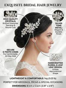 1 chiếc lược cài tóc cô dâu pha lê bạc, phụ kiện tóc cưới hình lá pha lê lấp lánh, trang trí tóc cô dâu và phù dâu thanh lịch. - Bạc - Xem 7