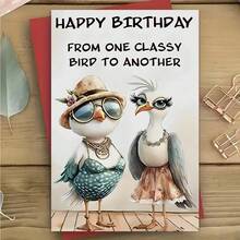 一张独特的鸟类主题生日贺卡，上面写着“一只优雅的小鸟祝另一只优雅的小鸟生日快乐”，采用两种时尚的小鸟设计，适合作为友谊生日礼物，高品质贺卡。 - 彩色 - 查看 4