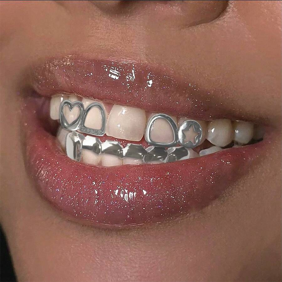 1 Set Hollow Star & Heart Zirconia Embedded Fang Tooth Jewelry, Unisex Daily, Nightclub, Party Accessory Tooth Grills