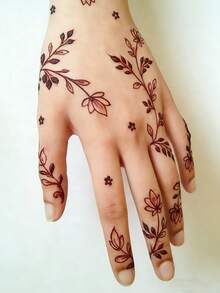 2张酒红色蕾丝花卉印花临时纹身贴纸，曼陀罗防水手指纹身贴纸，适用于节日、派对、婚礼和表演，曼海蒂图案人体彩绘 - 棕色 - 查看 6