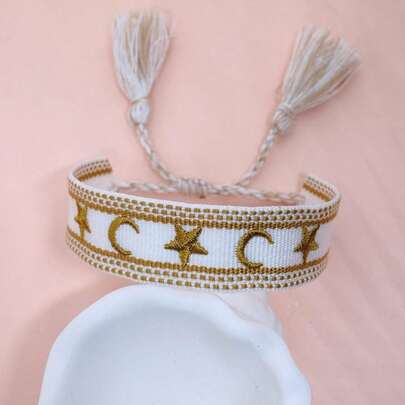 1 pieza Pulsera bohemia vintage hecha a mano con bordado de luna y estrella, oración simple, bendición, adecuada para familia, amigos, vacaciones, fiestas