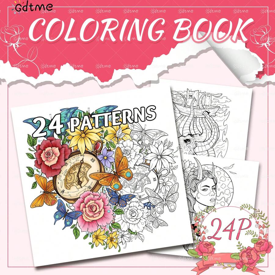 1 Beautiful World Adult Coloring Book, 24 Pages Of Exquisite Floral And Butterfly Patterns, Thick Paper, Pearl Paper Cover, Ideal Gift For Valentine's Day, Women's Day, Birthday, Easter, Back To School, Size: 7.9x7.9 Inches