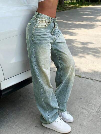 Jeans rectos de pierna ancha y lavados de estilo vintage para mujer, ideales para vacaciones en primavera