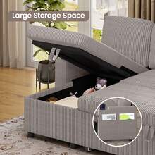 Corner Sofa Bed, U-Shaped Sleeper Sectional Couch Bed, 3-In-1 Corduroy Convertible Pull Out Sofa Bed With Adjustable Backrest, Storage And Cup Holder For Living Room, Grey - 4-seater U-shaped Corduroy Silver-grey - View 2
