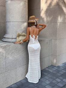 MORI 2026 春夏新款女士白色深V领修身针织长裙罩衫，针织面料，开衩设计，镂空纹理，波西米亚风，大气罩衫，纯粹性感时尚，夏季海滩度假装扮，优雅派对礼服，海滩之旅 - 白色 - 查看 8