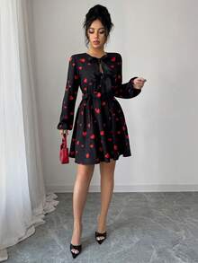 JTI Women's Sweet Bowknot Decor Round Neck Long Sleeve Heart Print A-Line Waist Tie Hem Short Dress, Black Cute Girly Style, Suitable For Valentine's Day Date - Black - View 9