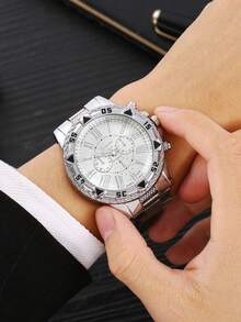 1pc Classic Large Dial Business Fashion Alloy Steel Band Wrist Watch For Men - Silver - View 2