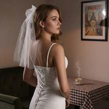 1pc Handmade Beaded Faux Pearl Large Grid Tulle Veil, Minimalist Bridal Veil For Wedding, Engagement, Valentine's Day - White - View 7