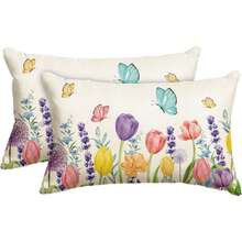2件套春季花卉郁金香薰衣草桉树蝴蝶图案枕套，12 x 20英寸春季沙发靠垫套套装，单面图案，不含枕芯 - 彩色 - 查看 7