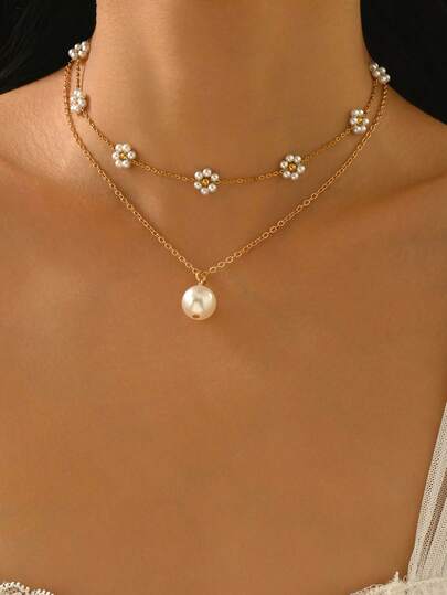 2pcs/Set Minimalist Versatile Golden Flower Necklace, Fashionable Elegant Faux Pearl Pendant Necklace, Suitable For Daily Wear And Party