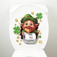 1/3 piezas Pegatina de inodoro del Día de San Patricio Duende gracioso enano que sostiene un papel Calcomanía impermeable de PVC Decoración de baño para la fiesta del festival irlandés Decoración de la tapa del inodoro Arte de pared con trébol verde Suministros - Multicolor - Ver 2