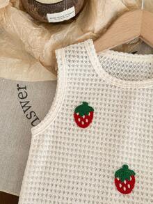 女童草莓刺绣套装，夏季针织无袖背心+红白格子短裤，清新甜美风格，儿童两件套，柔软透气，宽松版型，时尚百搭，适合夏季女童穿着 - 紅色 - 查看 6
