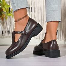 Retro British Style Mary Jane Shoes, Women's T-Strap Thick Heel Round Toe Slip-On Commuter Shoes - Brown - View 5