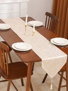 Caminho de mesa decorativo em jacquard dourado (1 peça), com estampa abstrata e franjas, ideal para sala de jantar, sala de estar e ocasiões festivas. - Ouro - Ver 5