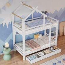 (29945960WAA) Bunk Bed With Drawers And Shelves, House Bed With Three-Step Right-Angled Ladder, Children's Bed With Fall Protection And Railing, Pine Wood Frame, White (90x200cm) - White - View 4