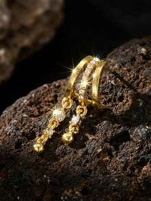 1pc Luxury Sparkling Rhinestone Geometric Round & Square Gold Beaded Tassel Earrings, Suitable For Women, Festive Party, Daily Wear, Carnival, Valentine's Day, Wedding, Back To School, Jewelry Gift - Multicolor - View 3