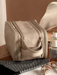 Beige Waterproof PU Leather Multifunctional Makeup Bag Double-Layer Large Capacity Portable Travel Cosmetic Bag Toiletries Storage Bag With Handle For Woman Dividers PU Makeup Bag Brush Storage Bag Men Business Wash Bag Makeup Bags Makeup Organizer Make Up Organizer Makeup Storage Back To School Supplies Make Up Bag,Travel Essential,Summer Bag,Summer,Bridesmaid Gifts,Mother's Day,Mom,Mother's Day Gift,Flower,Jewelry,Mother's Day Decorations,Mother's Day Party Supplies,Women,Pink,Gift Set - Light Grey - View 6