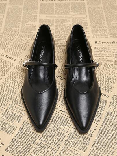 2025 Summer New Fashion Office Casual Party Versatile Women's Mary Jane Flats, Pointed Toe, Chunky Heel, Metallic Decor, Elegant Minimalist, High Quality Loafers 73598-7 In Black, Brown, Beige