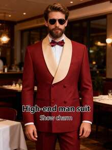 Men's Suit Shawl Lapel Double-Breasted Blazer & Pant Set - Formal 2-Piece Tuxedo With Wafer Knit Texture For Weddings & Black Tie Events - 酒紅色 - 查看 1