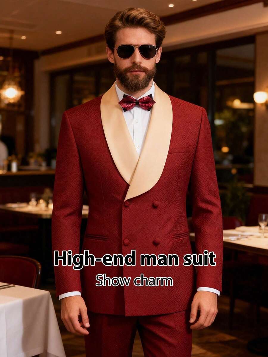 Men's Suit Shawl Lapel Double-Breasted Blazer & Pant Set - Formal 2-Piece Tuxedo With Wafer Knit Texture For Weddings & Black Tie Events - 酒紅色 - 查看 1